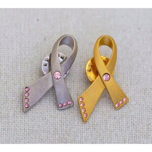 Vintage Gold & Silver Tone Ribbon Pink Rhinestones Pin by Avon - O1